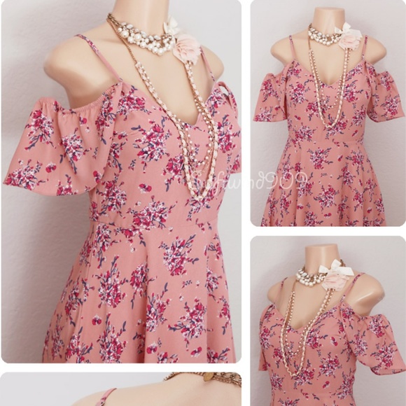 Blush Pink Floral Flutter Off Shoulder Cute Dress - Picture 3 of 8
